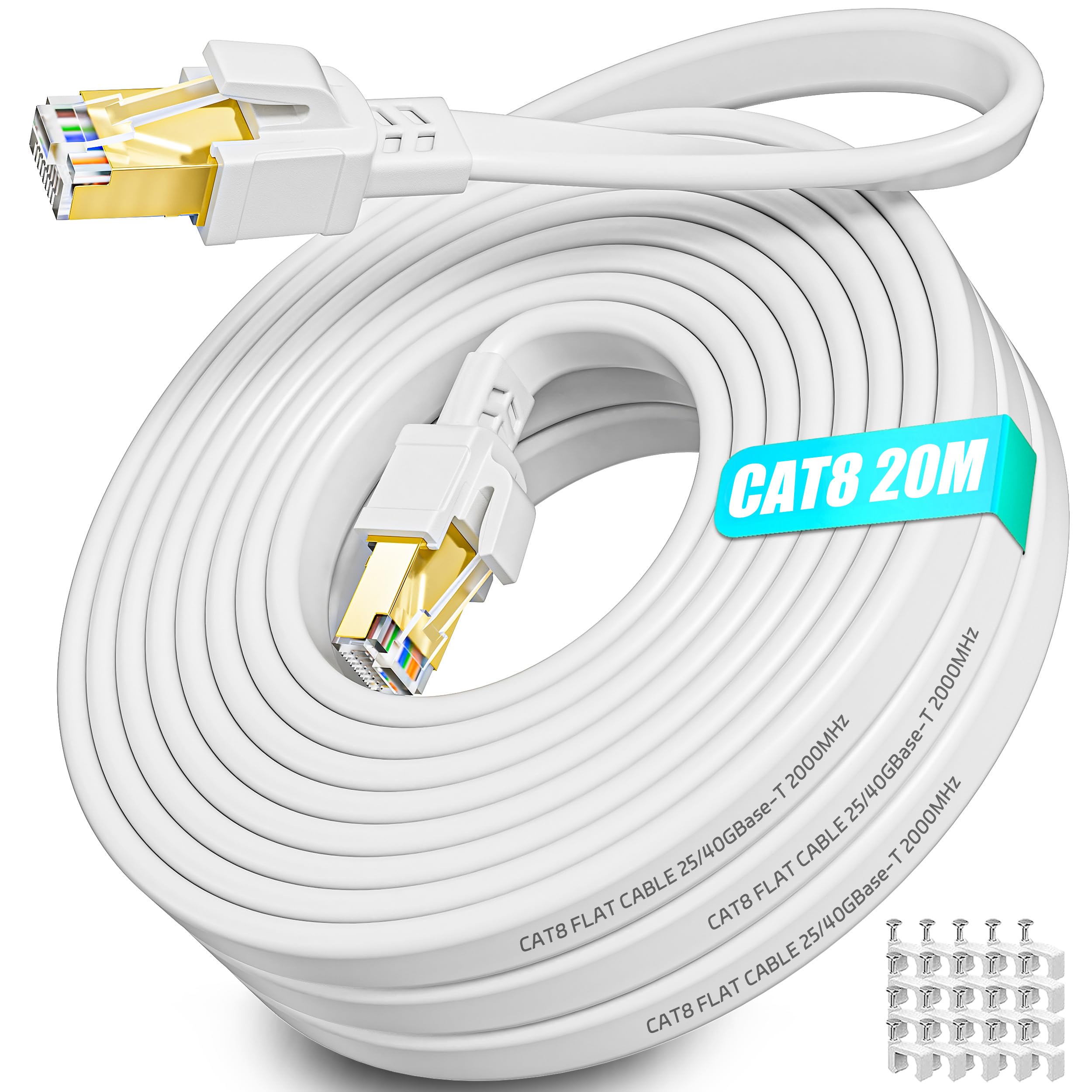 Soibke Ethernet Cable 20m, Cat 8 High Speed Internet Cable Flat Long Shielded Network Cable Outdoor Indoor - 40Gbps 2000MHz - RJ45 Gigabit White Patch Cord for Data Center, Modem, Switch — image 1