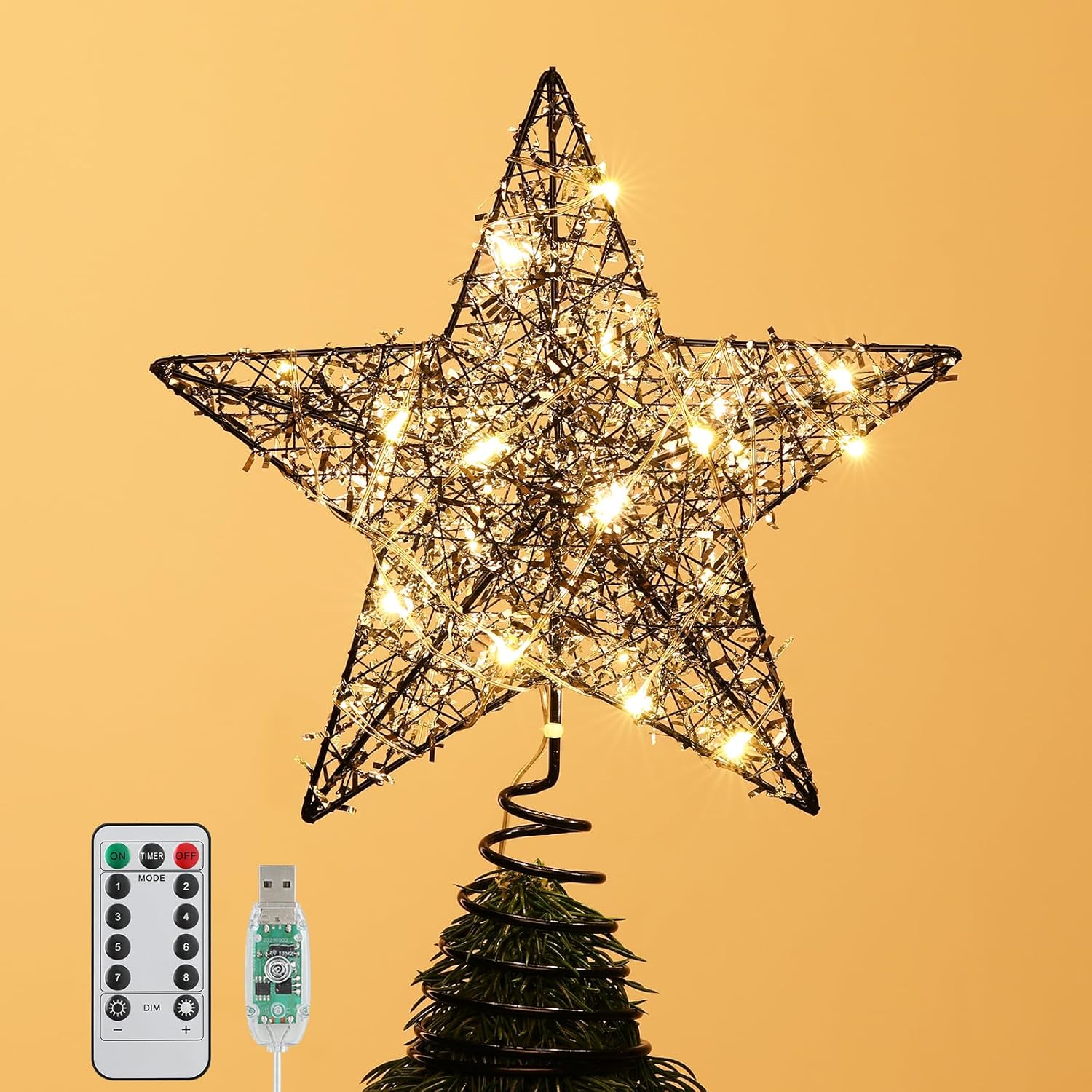 Tree Toppers - Roylvan Star Tree Topper, Battery Powered Christmas Star Treetop with Timer Decorative Light with Silver Strips, 20 LED Light Xmas Metal Wire Tree Top Ornament for Home Decor Indoor Outdoor Use, Black