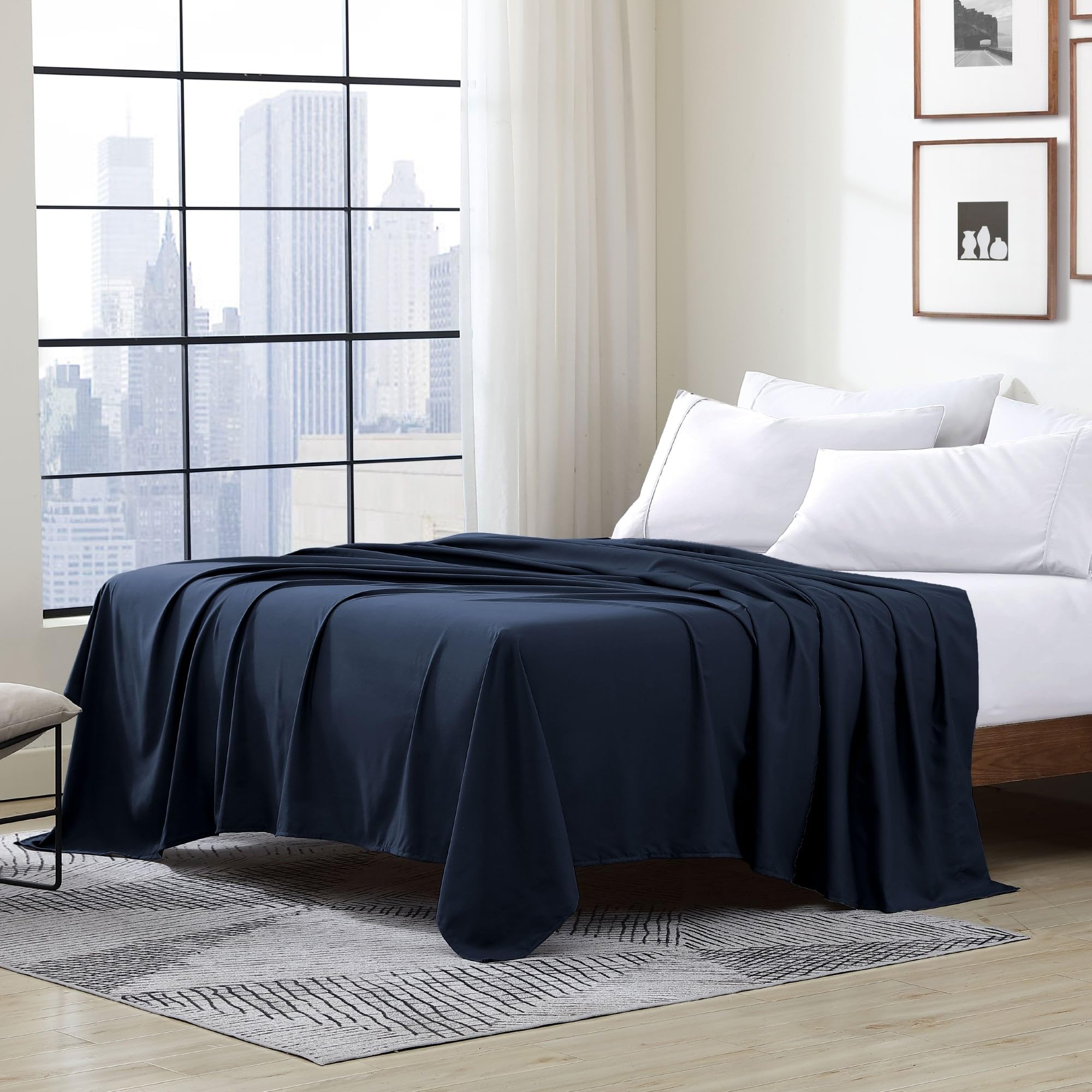 Cathay Luxury Silky Soft Polyester Single Flat Sheet, Full Size, Navy Blue