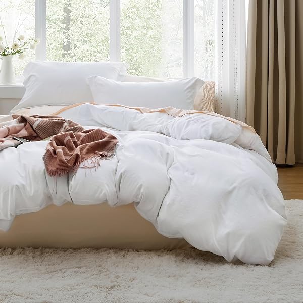 Bedsure White Duvet Cover Queen Size - 3 Pieces Prewashed Cotton-Like Polyester Extra Soft Bedding Set, Includes 1 Duvet Cove