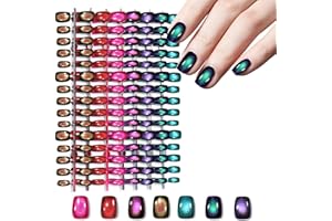 Laza 210pcs Cat Eye Press on Nails for Women 7 Colors Glossy Glitter Black Hole Short Square Reusable Nail Tips in 15 Sizes Long Lasting Salon Fake Nails Stick - Galaxy Chameleon