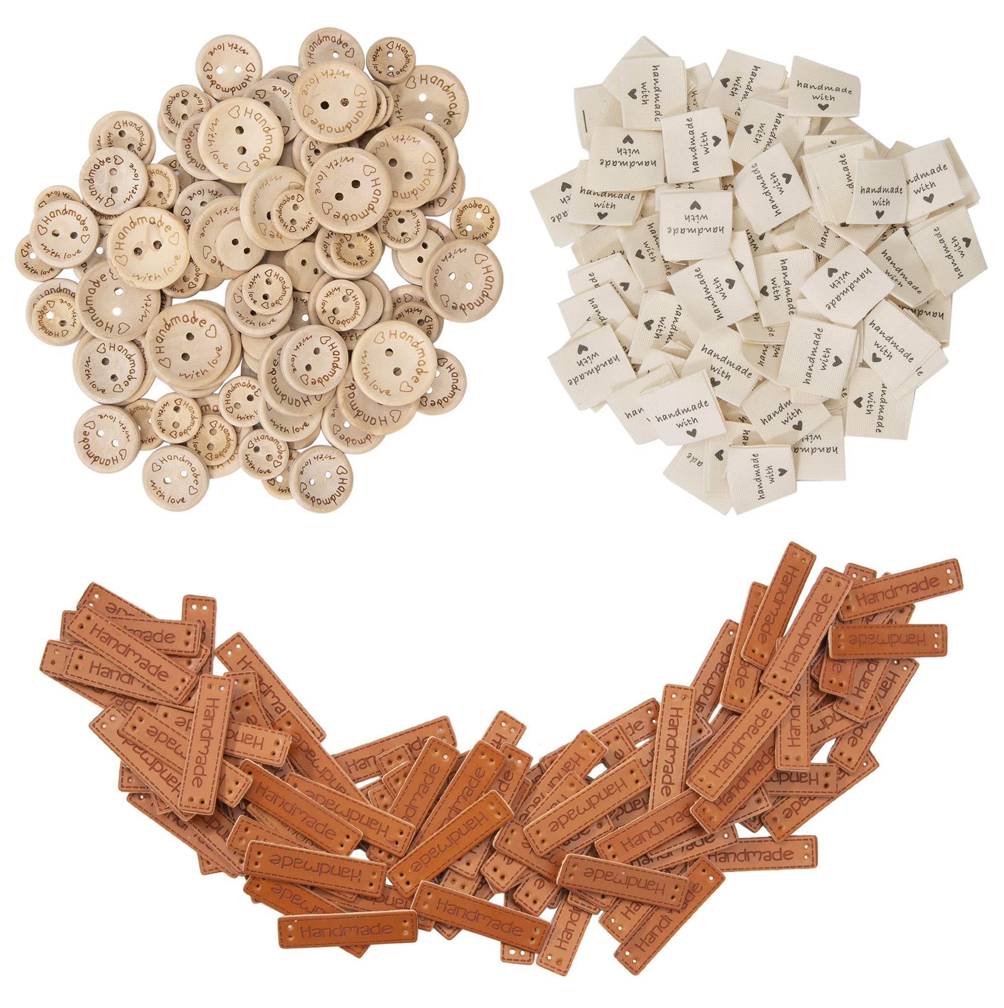 Handmade with Love Labels Tags, 100pcs Wooden Buttons + Textile Fabric Labels + Leather Labels, Patchwork Set for DIY Knitting, Crafts and Sewing Decorations Work