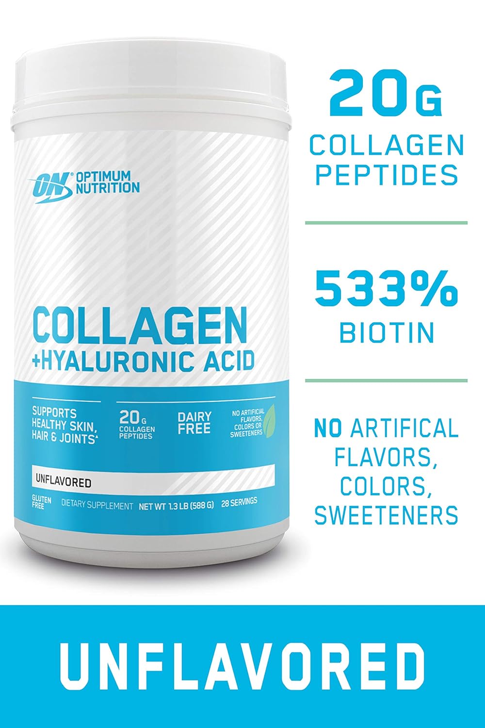 Collagen Peptides Powder by Optimum Nutrition, 20g Hydrolyzed Collagen with Hyaluronic Acid & Vitamin C, Unflavored, 28 servings, supports healthy skin, hair and joints