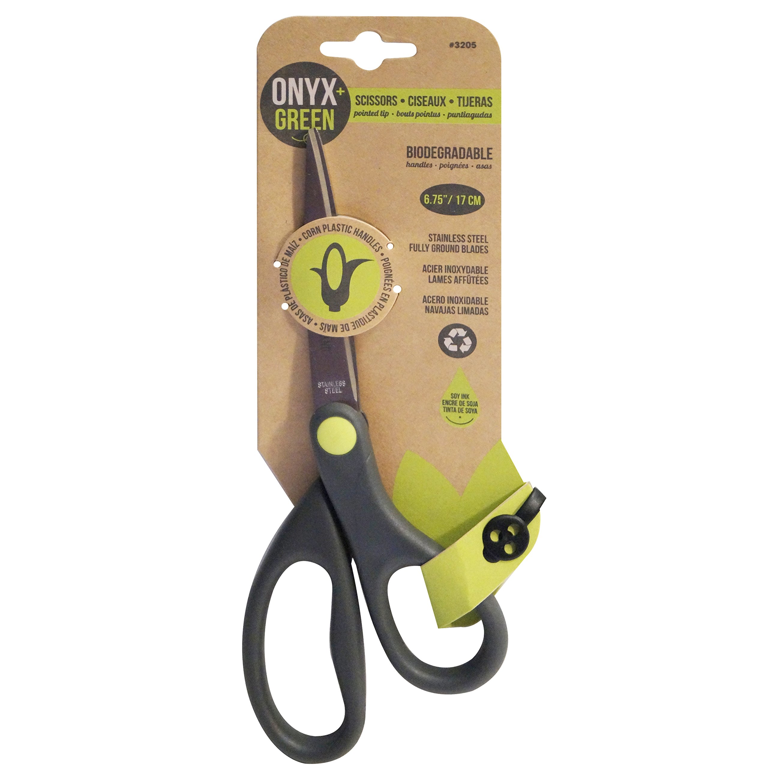 Onyx and Green Scissors, 6.75-Inch, Pointed Tip, Corn Plastic Handles (3205)