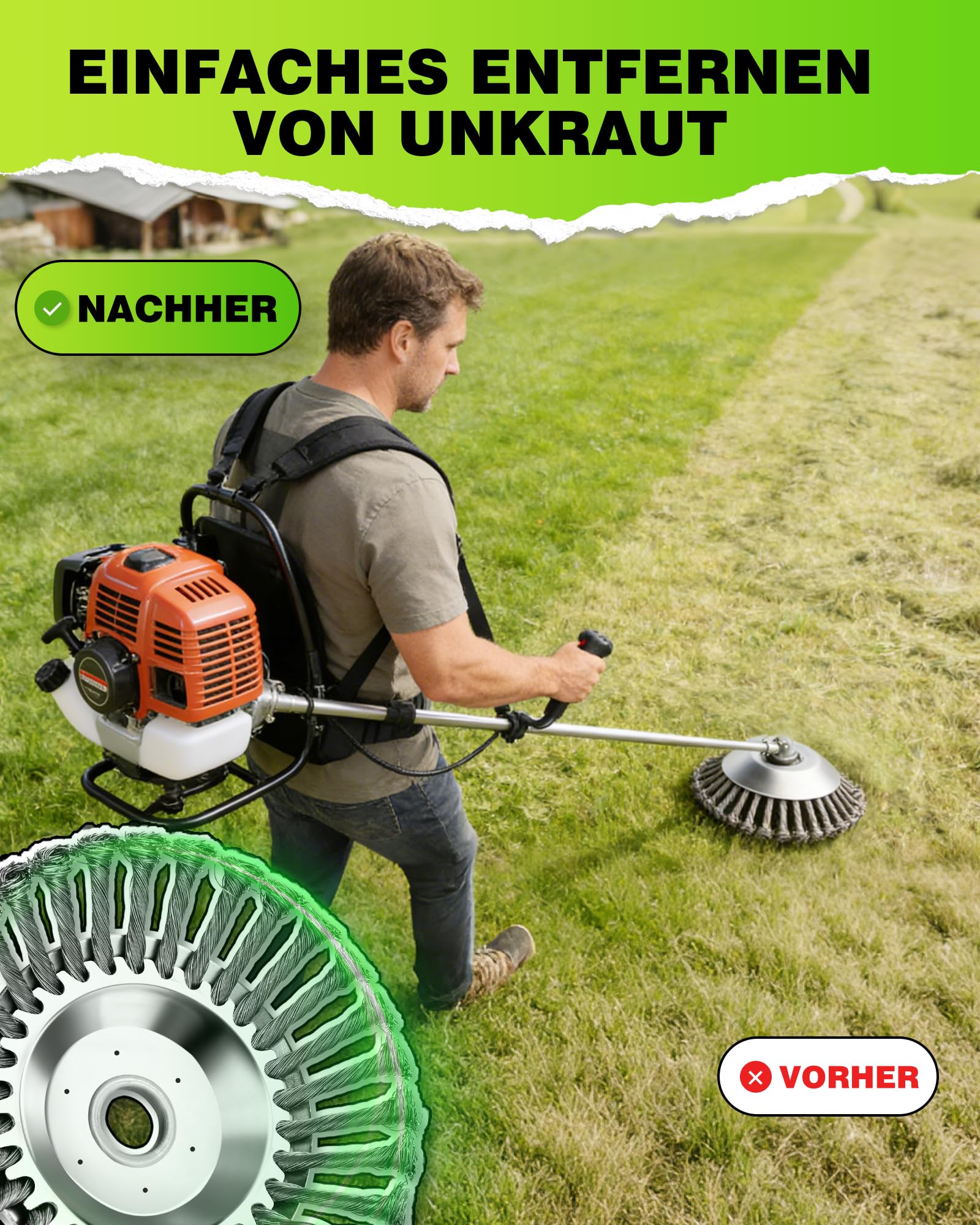 LADAMI ! Profi ! Unkrautbürste Wildkrautbürste MOTORSENSE 25,4 x 200 mm Hohe Standfestigkeit - sehr robust - leichte Montage 1 Stück 5