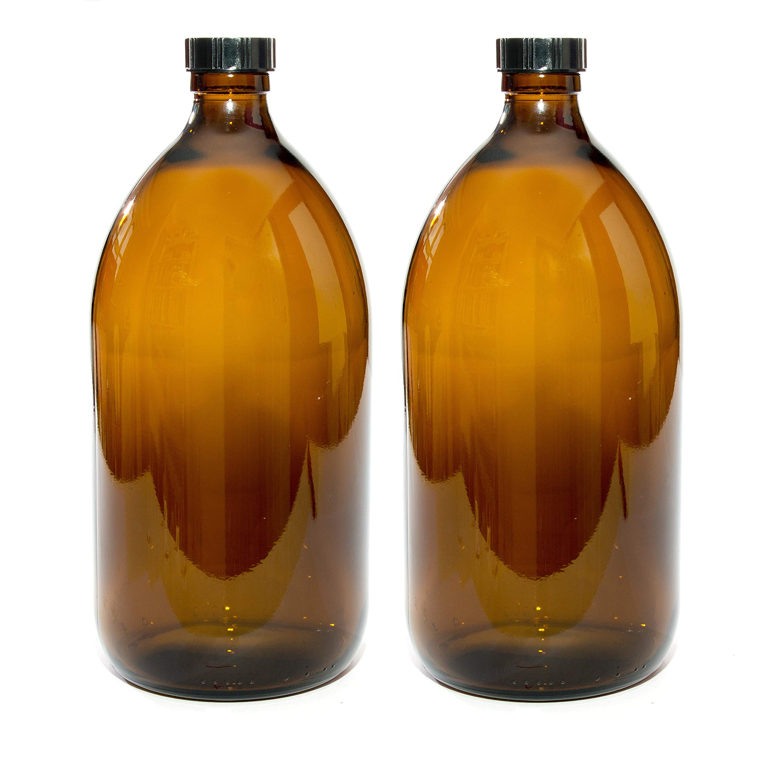 Aura 1000ml Amber Glass Bottles with Black Lids - Pack of 2