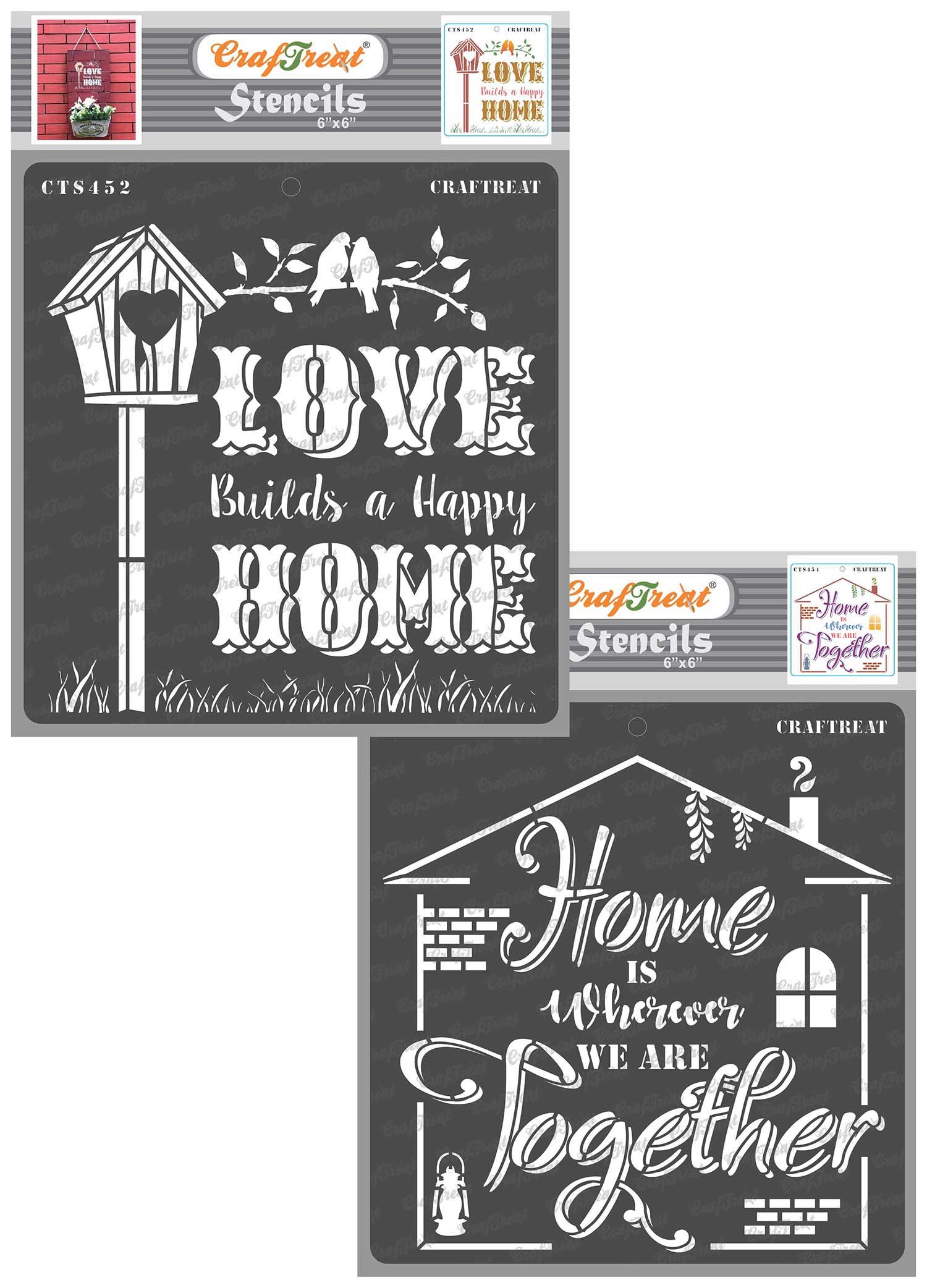 CrafTreat Reusable Quote Stencils for Painting on Wood - Lovely Home and Home is (2 Pcs) -6x6 Inch Each - Happy Together Stencil for Painting on Canvas - Saying Stencils for Painting