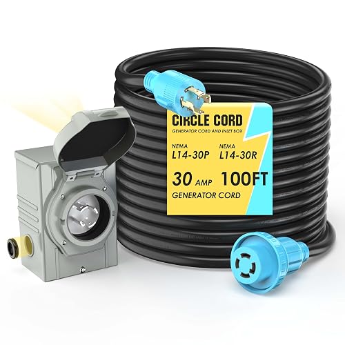 Generator House Adapter CircleCord 4 Prong 100 Feet 30 Amp Generator Extension Cord and Inlet ...