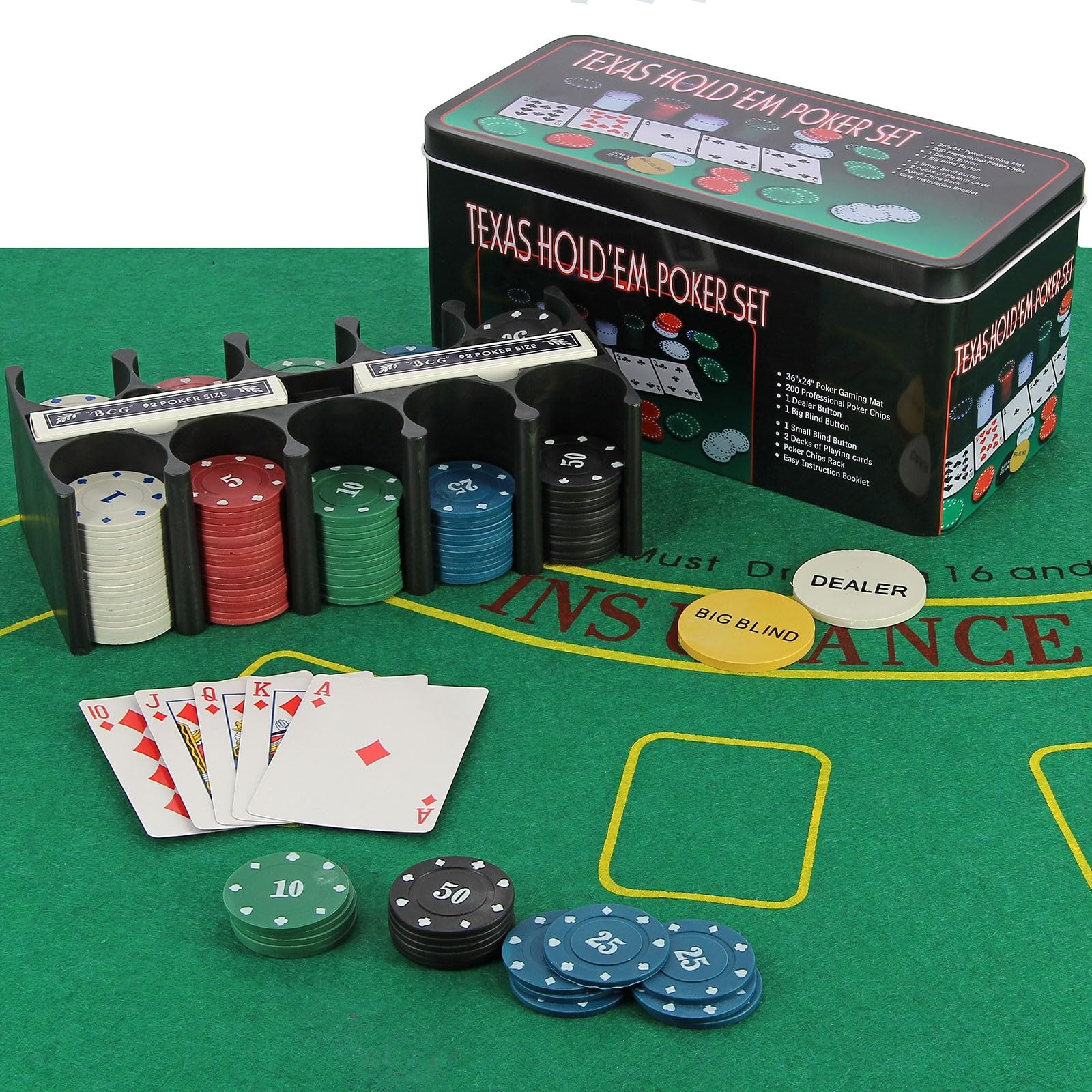 Texas Hold'em Poker Set 200pcs Casino Chips, 36"x24" Game Poker Mat, 2 Decks of Cards, Dealer & Blind Buttons, Chip Rack, Tin Box Complete Poker & Blackjack Game Set for Home or Party