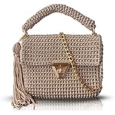 Handmade Caramel Crochet Shoulder Bag for Women | Gold Chain & Top Handle | Boho Knitted Purse | Elegant Evening