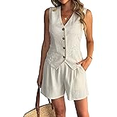 heipeiwa Women's Summer 2 Piece Linen Shorts Sets Vest Suits Waistcoat Dressy Casual Vacation Beach Tracksuit Outfits