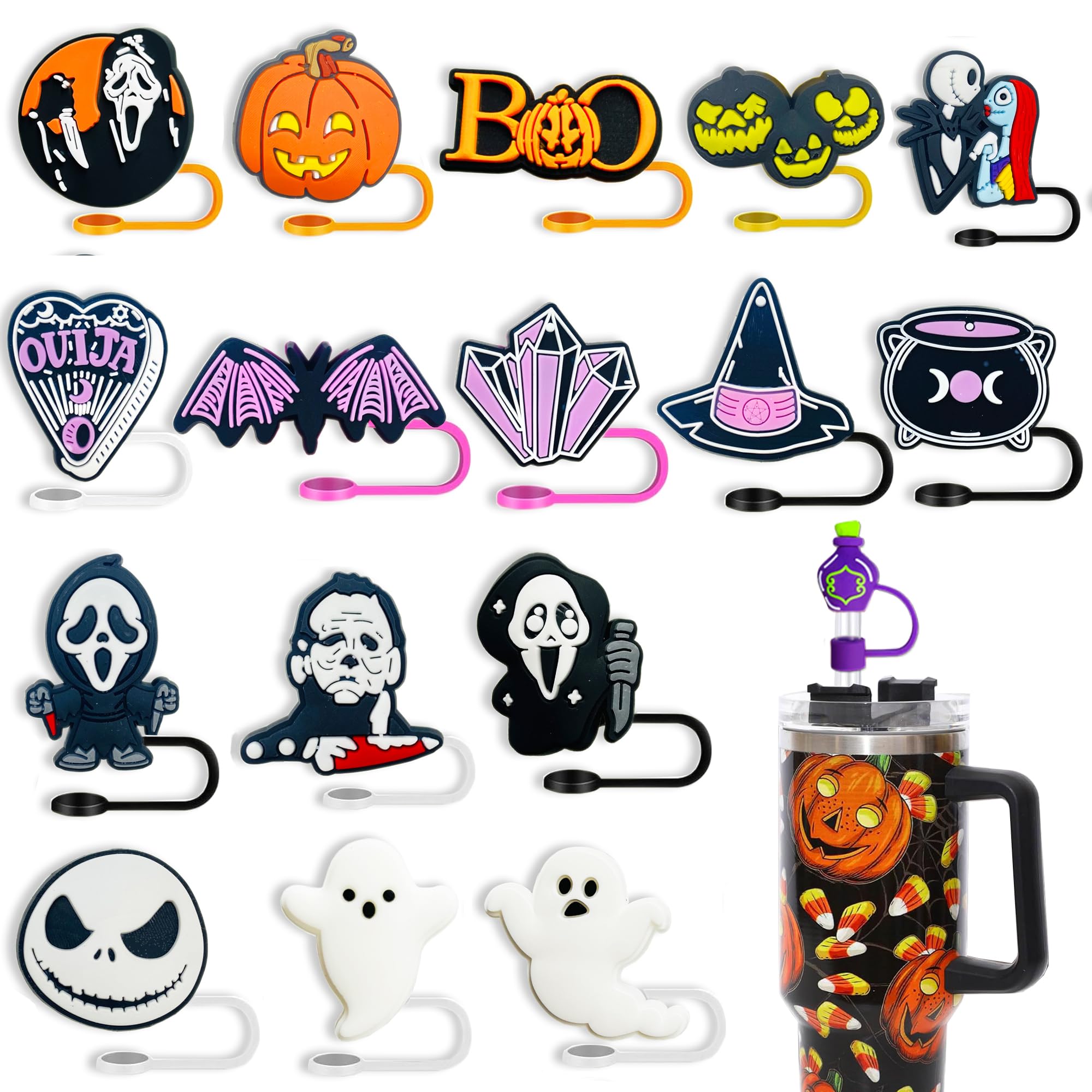 Photo 1 of 16PCS Halloween Straw Toppers for Stanley Cup, Cute Silicone Skull Ghost Straw Covers Cap Compatible with 30&40oz Tumbler with Handle,10mm 0.4in Dust-Proof Reusable Tips Lids for Halloween Gifts