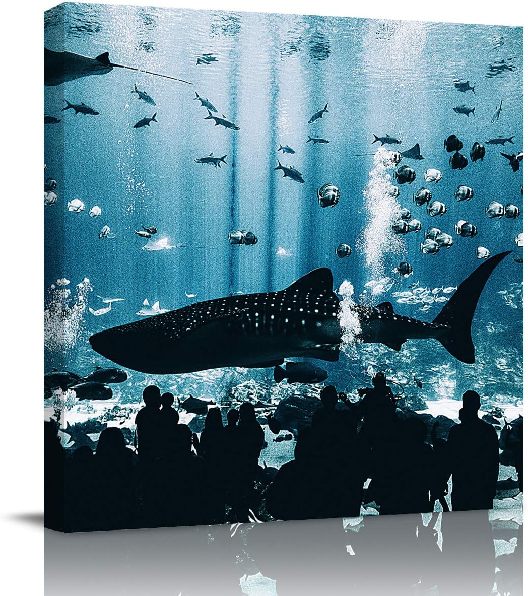 applebless Oil Painting on Canvas Aquarium Shark Silhouette Wall Art Home Decor Blue Black Modern Pictures Painting for Living Room, Ready to Hang - 16x16 inches