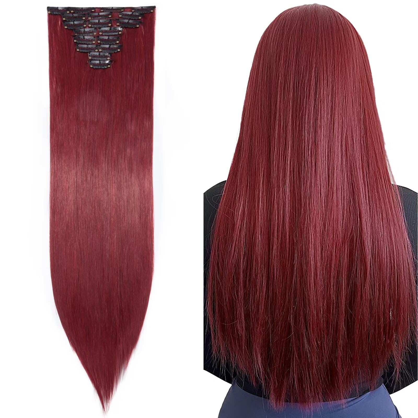 Silk-co Hairpiece Extensions Clip in Hair Extension Long Straight 8 Pcs Full Head 18 Clips Synthetic Heat Resistant [26" Maroon&Dark Red] — image 1