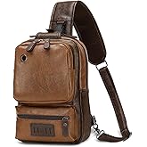 SUIKIHUM Vintage PU Leather Sling Backpack for Men, Crossbody Bag, Adjustable Shoulder Strap (Light Brown)