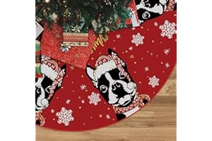 GAGEC Christmas Tree Skirt Red Tree Skirt Boston Terrier Xmas Winter Tree Skirt 48 Inch for Dog Christmas Indoor Outdoor Decorations
