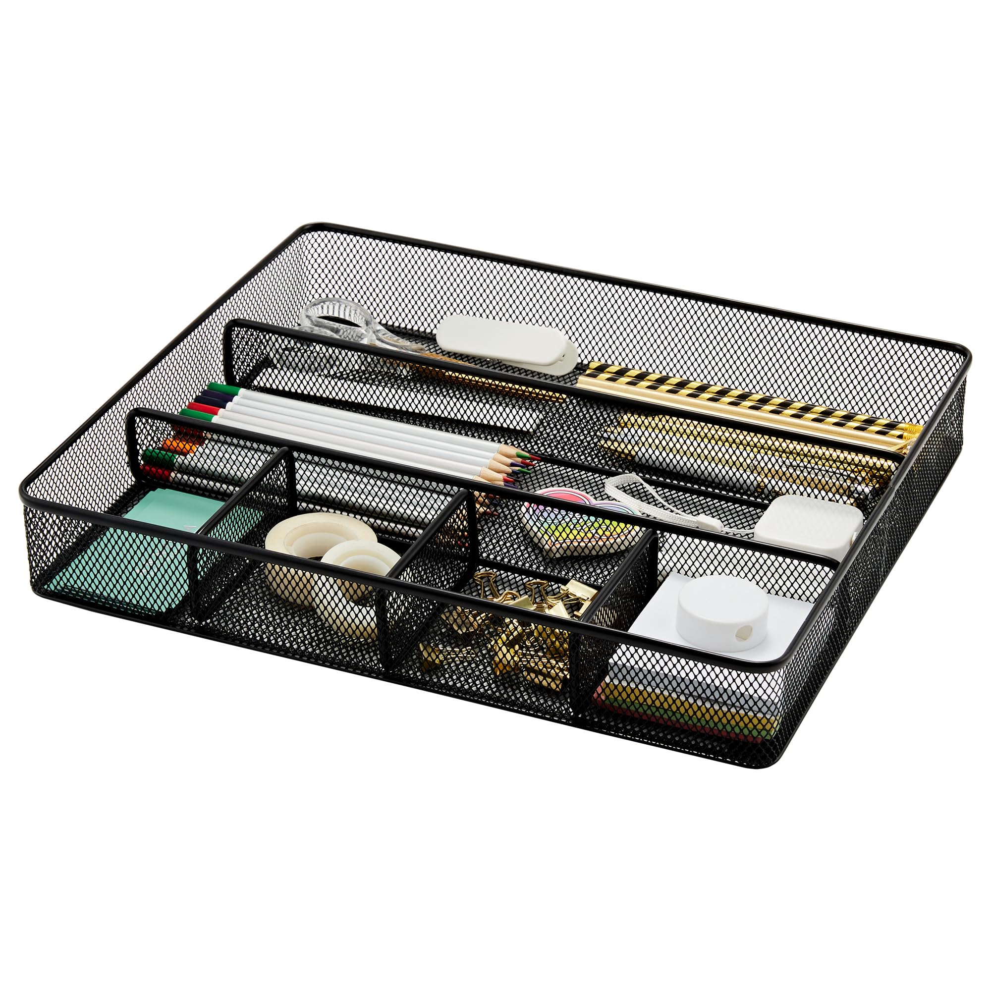 Annova Desk Drawer Organizer/Storage Tray - Metal Mesh with Dividers for Pens, Desktop Accessories, Bathroom, Kitchen, Makeup and Office Supplies (Black)