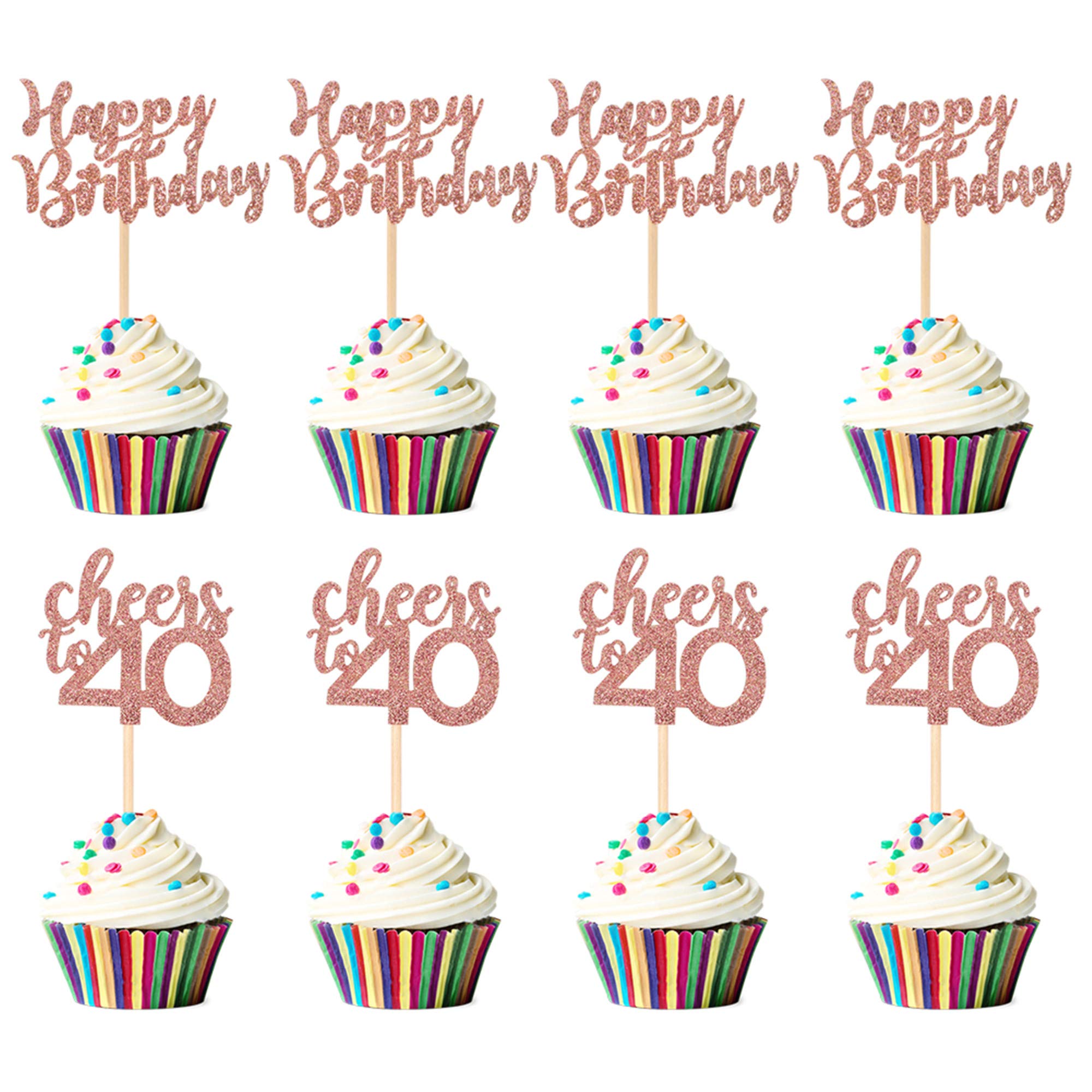 Blumomon 24Pcs Cheers to 40 Cupcake Toppers Rose Gold Glitter Happy Birthday Cake Toppers Party Cake Decorations