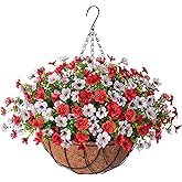 Artificial Silk Flowers Hanging Baskets Outdoors Indoors,Daisy with Eucalyptus Leaves Arrangement for Garden Yard Spring Summer Decor,Faux Green Plant in Metal Coconut Lining Flowerpot(Red and White)