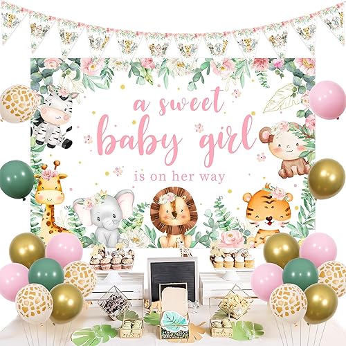 Kreatwow Pink Safari Baby Shower Decorations A Sweet Baby Girl Is On Her Way Backdrop Safari Animal Triangle Fags Banner Floral Jungle Safari Theme Baby Shower Decorations Woodland Party for Girl
