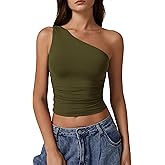 QINSEN Women's One Shoulder Tank Tops Double Lined Sleeveless Slim Fit Cropped Tee Shirt Y2k Tops