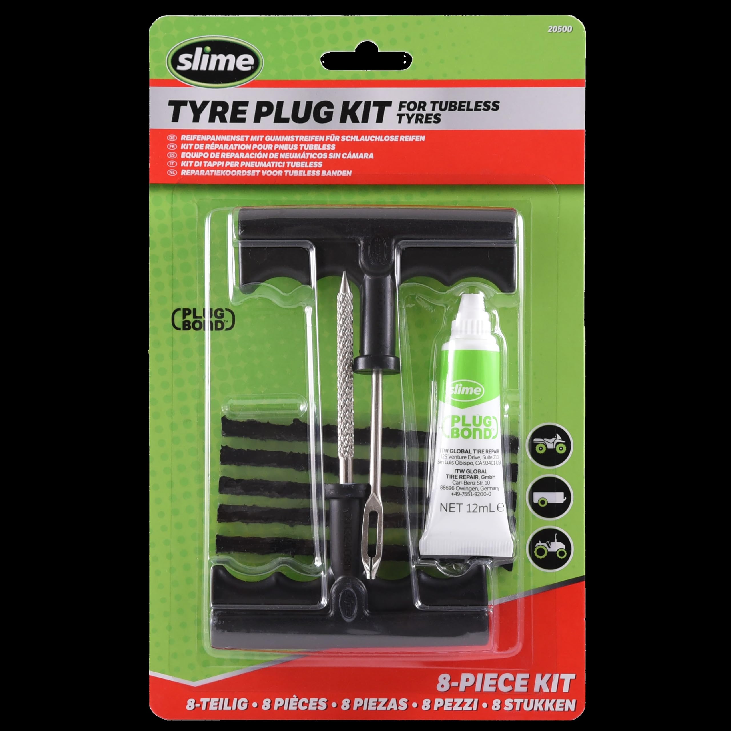Slime 20500 Tyre Repair Reamer Plug Kit, Medium Heavy Duty Strings, T Handle Type and Plug Bond, 8 piece set