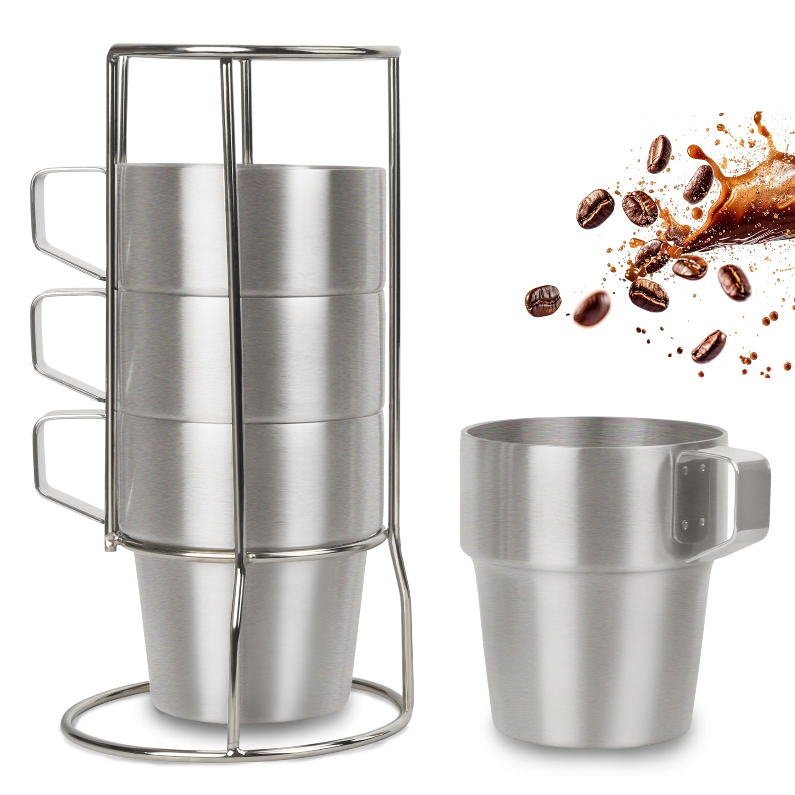 A-SZCXTOP Stainless Steel Coffee Tea Cups Set of 4, Stackable Double Heat Insulation Metal Coffee Mugs with Stand Rack, Camping Cups Perfect for Cold Drinks or Hot Drink (300ml)