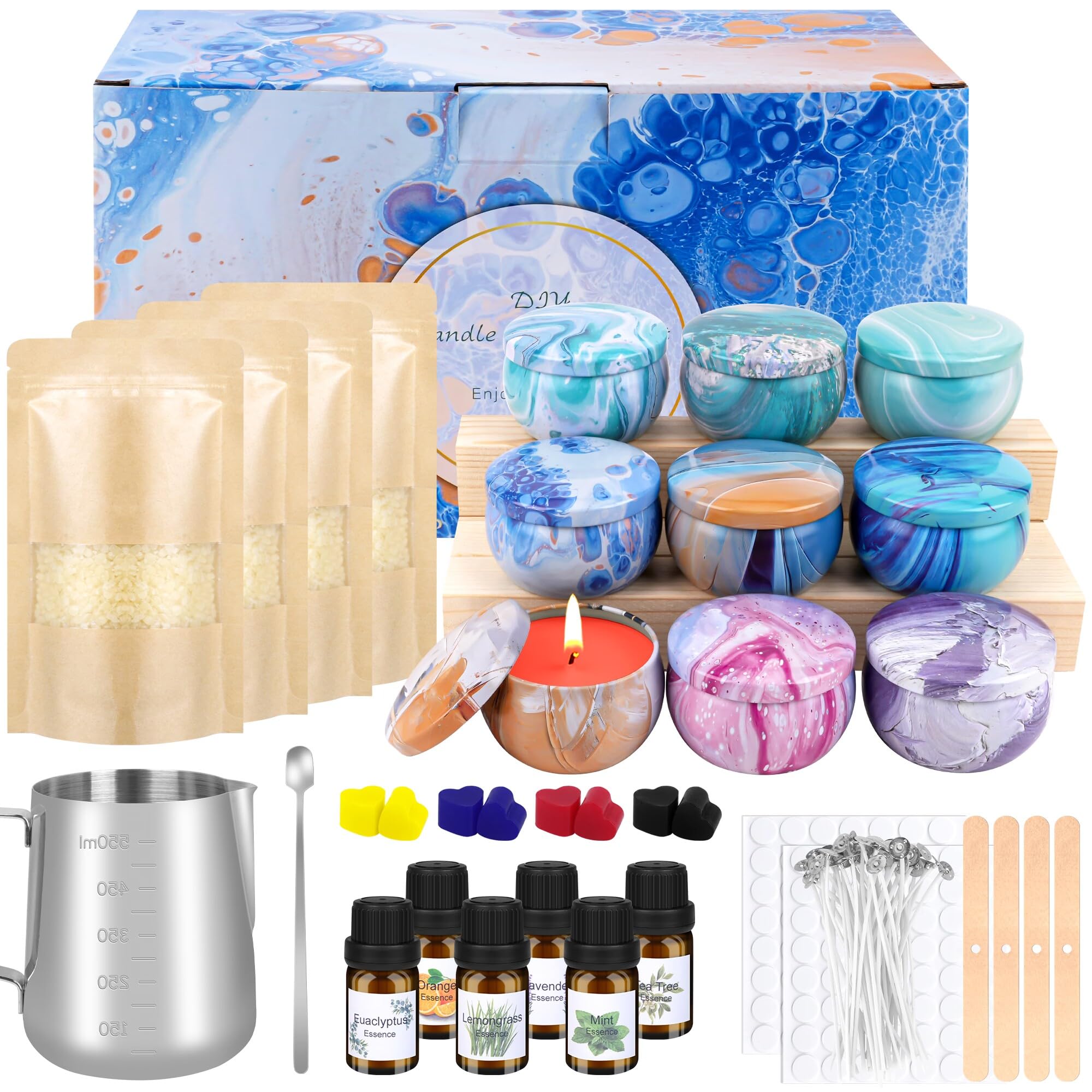KEARLGMBH Candle Making Kit for Adult DIY Scented Candle with 9 Candle Tins,4 Beeswax,8 Dye Blocks,500ml Melting Pot etc Art Crafts Hobby Kits Gift Set