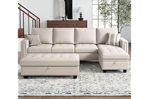 Belffin Faux Leather L Shaped Sectional Sofa Set Convertible Sectional Couch with Reversible Chaise Leather L Shape 4-seat Sectional Couch Set Storage Ottoman Beige