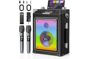Metfut Karaoke Machine for Adults with 2 Wireless Microphones & Guitar Input, Professional Bluetooth 5.3 Speaker, Portable Wooden Karaoke PA System with Bass/Treble Adjustable for Backyard, Home Party