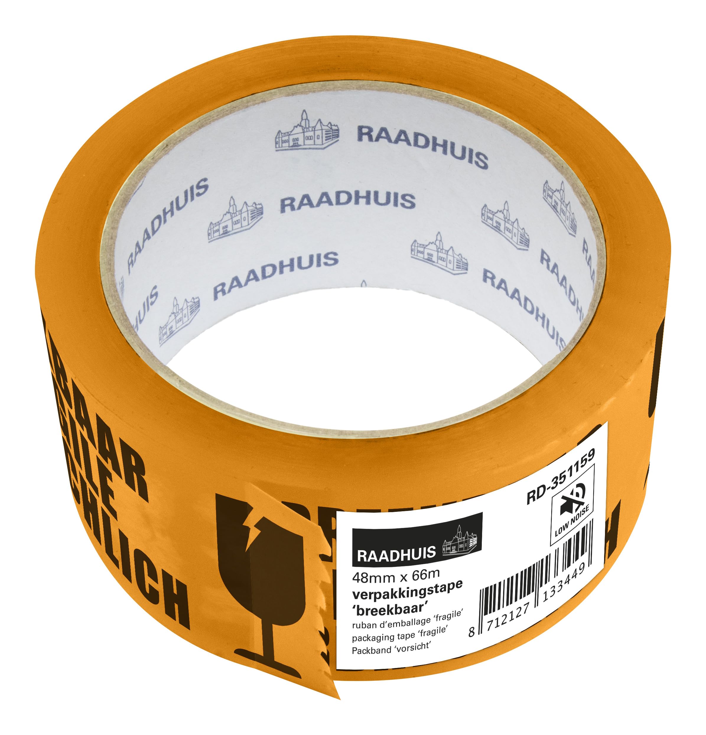 Raadhuis PP Packaging Tape 50 mm x 66 m Orange Black "breekbaar 32 Micron