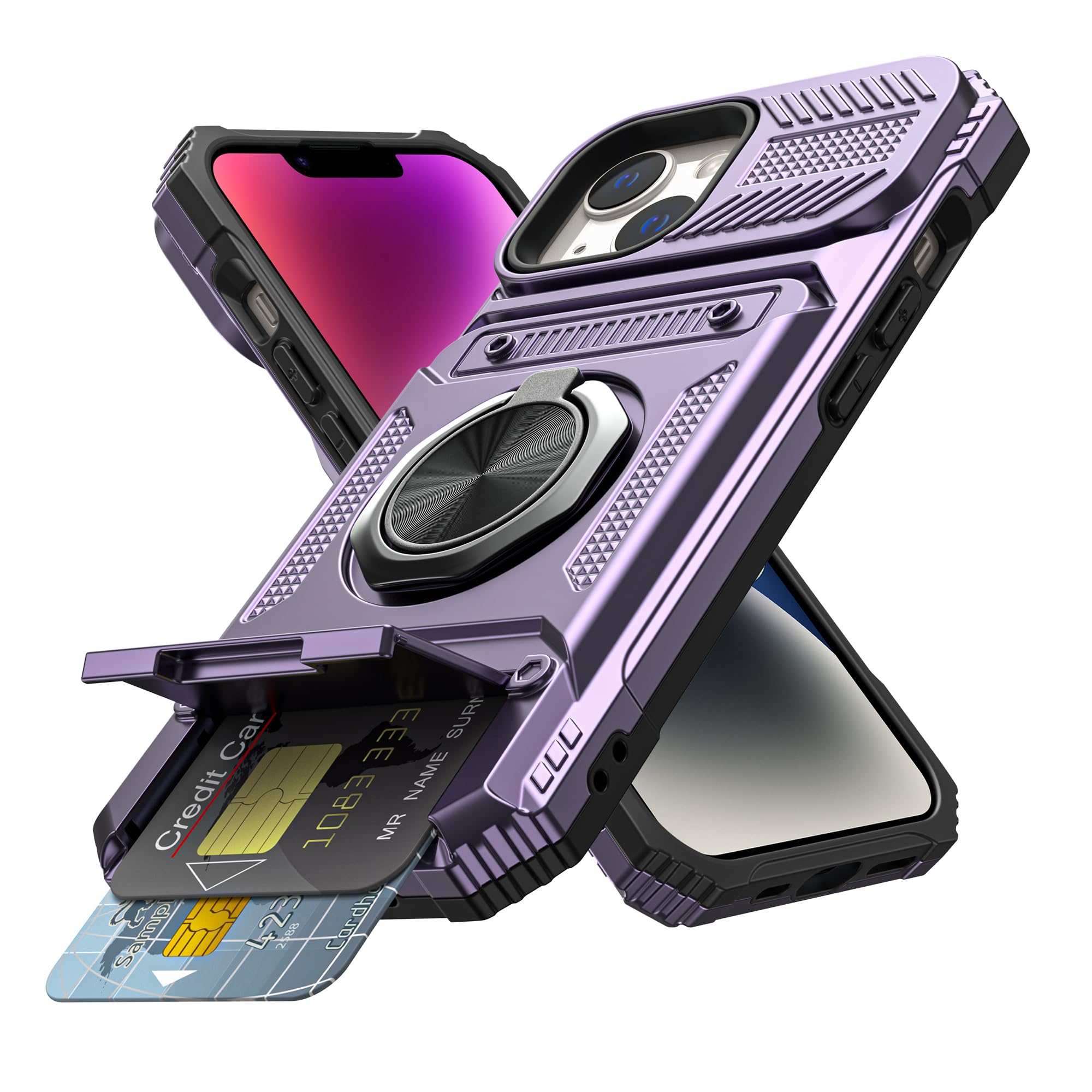 Photo 1 of Vofolen for iPhone 14 Wallet Case with Card Holder [Store 2 Cards] + 360° Magnetic Ring Kickstand Dual Layer Protective Heavy Duty Shockproof Wallet Phone Case for iPhone 14 for Women Men, Purple