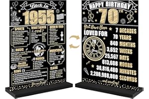 Eiurteao 70th Birthday Decorations Back in 1955 Table Sign for Men Women, Black Gold Happy 70 Bday Two-Sided Wooden Table Poster with Stand Party Supplies, Seventy Birthday Display Holder Table Decor