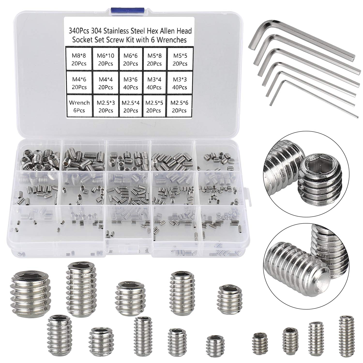 FandWay 340Pcs Grub Screws Assorted,304 Stainless Steel Set Screws,Hex Head Allen Key Screw M2.5 M3 M4 M5 M6 M8 Door Handle Screw with Internal Hex Drive For Tap Faucet Light Fixture Repairs.