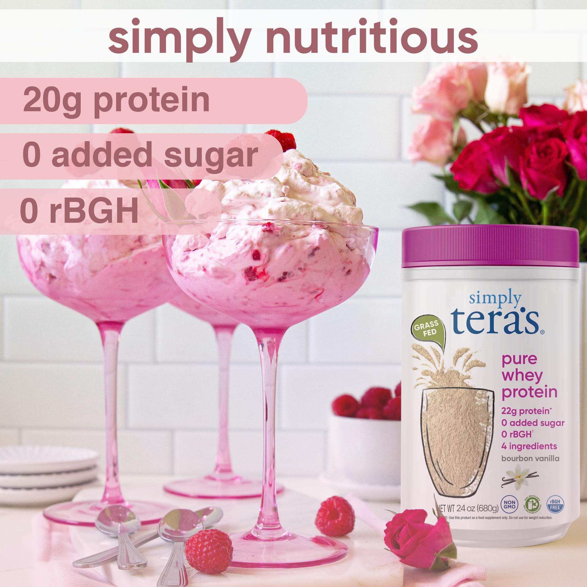 Simply tera's Pure Whey Protein Powder - Grass Fed Vanilla Whey Protein Powder, Clean, Made Without Artificial Sweeteners, Non-GMO, Kosher, rBGH-Free, Soy-Free - 24 Oz