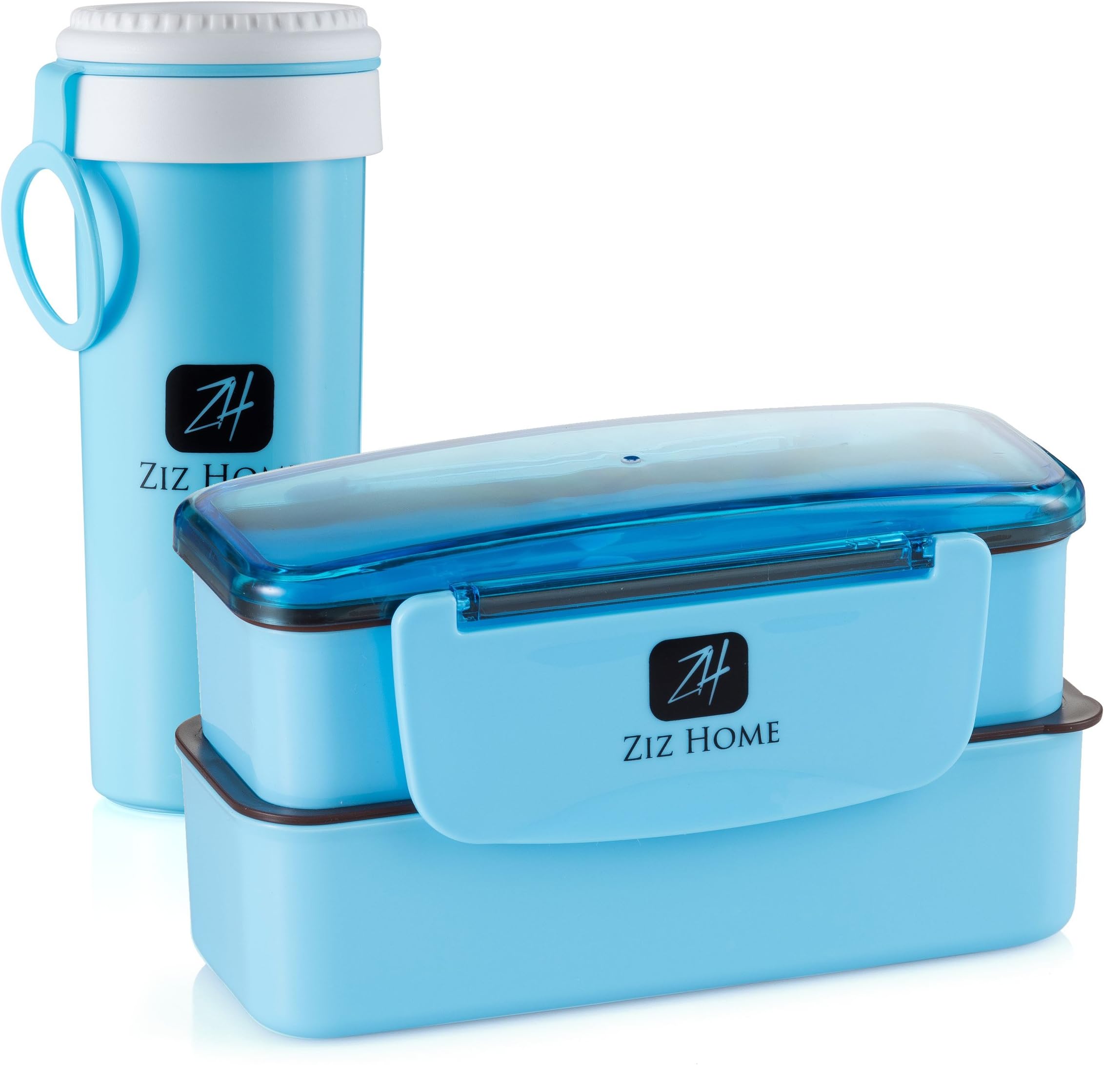 Ziz Home Bento Lunch Box Set for Adults & Kids - 2 Stackable food Containers, Cutlery, Cup with Compartments – Leak Proof Lunchbox - BPA Free - Eco Friendly – Best for Office, School, Travel, Work,