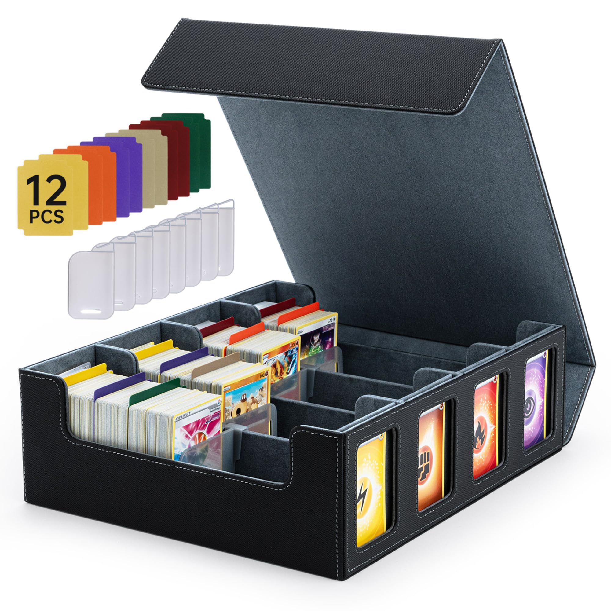 Mcbazel Card Deck Box for MTG & TCG, 3200 Pcs, Magnetic Storage Box with 4 Rows, 12 Multicolor Card Dividers & 8 Clips, PU Leather Deck Case