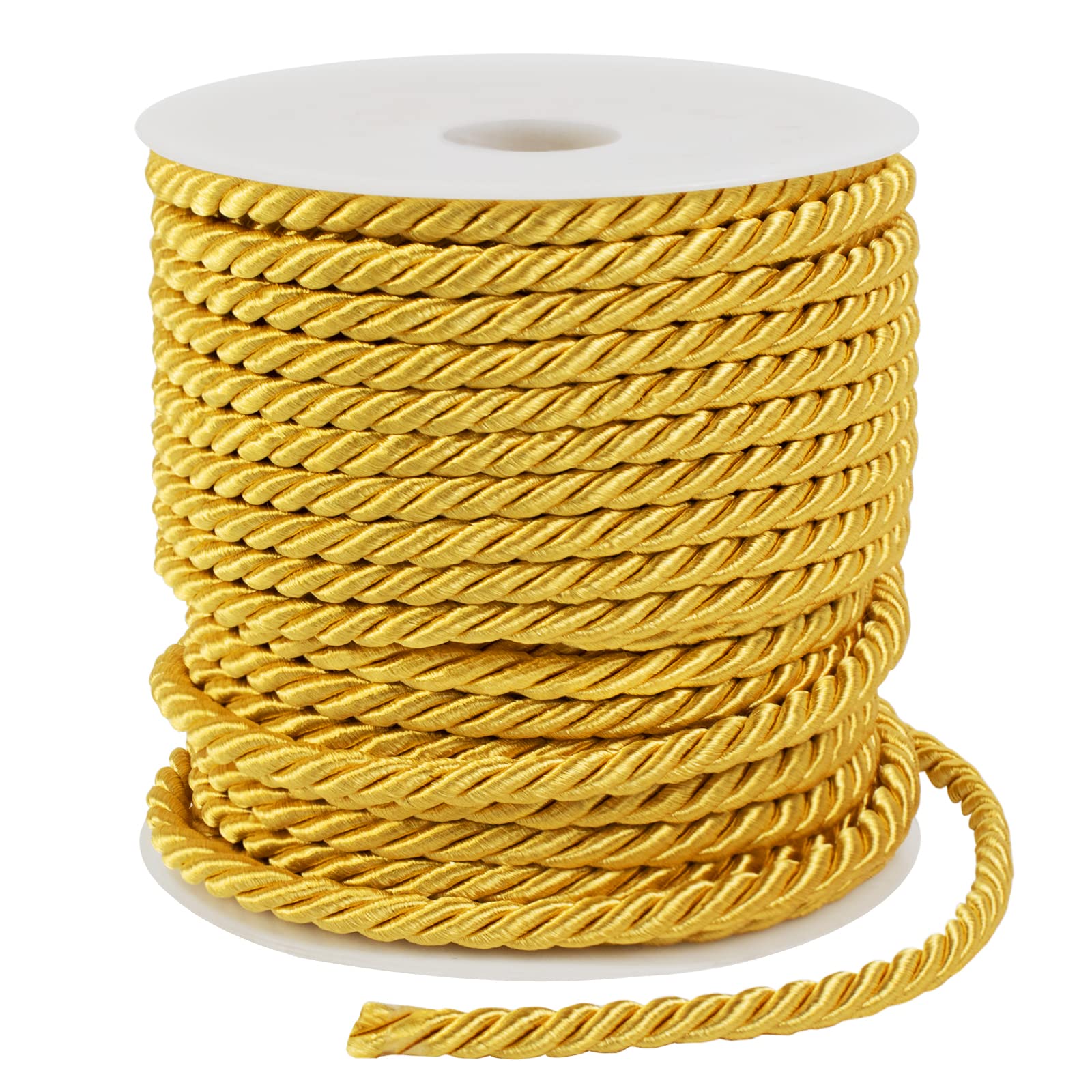 LEREATI Golden Yellow Twisted Cord Rope 5mm x 25m, 3-Ply Polyester Cord Soft Craft Rope Satin Cord Trim, Decorative Twisted Macrame Cord for DIY Craft Curtain Tieback Honor Cord Gift Bags Home Decor
