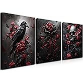Gothic Canvas Wall Art Set of 3, Romantic Rose Halloween Wall Decor Paintings, Dark Goth Crow Skull Posters Prints for Bathroom Living Room Gallery Home Decor 12x16In Framed