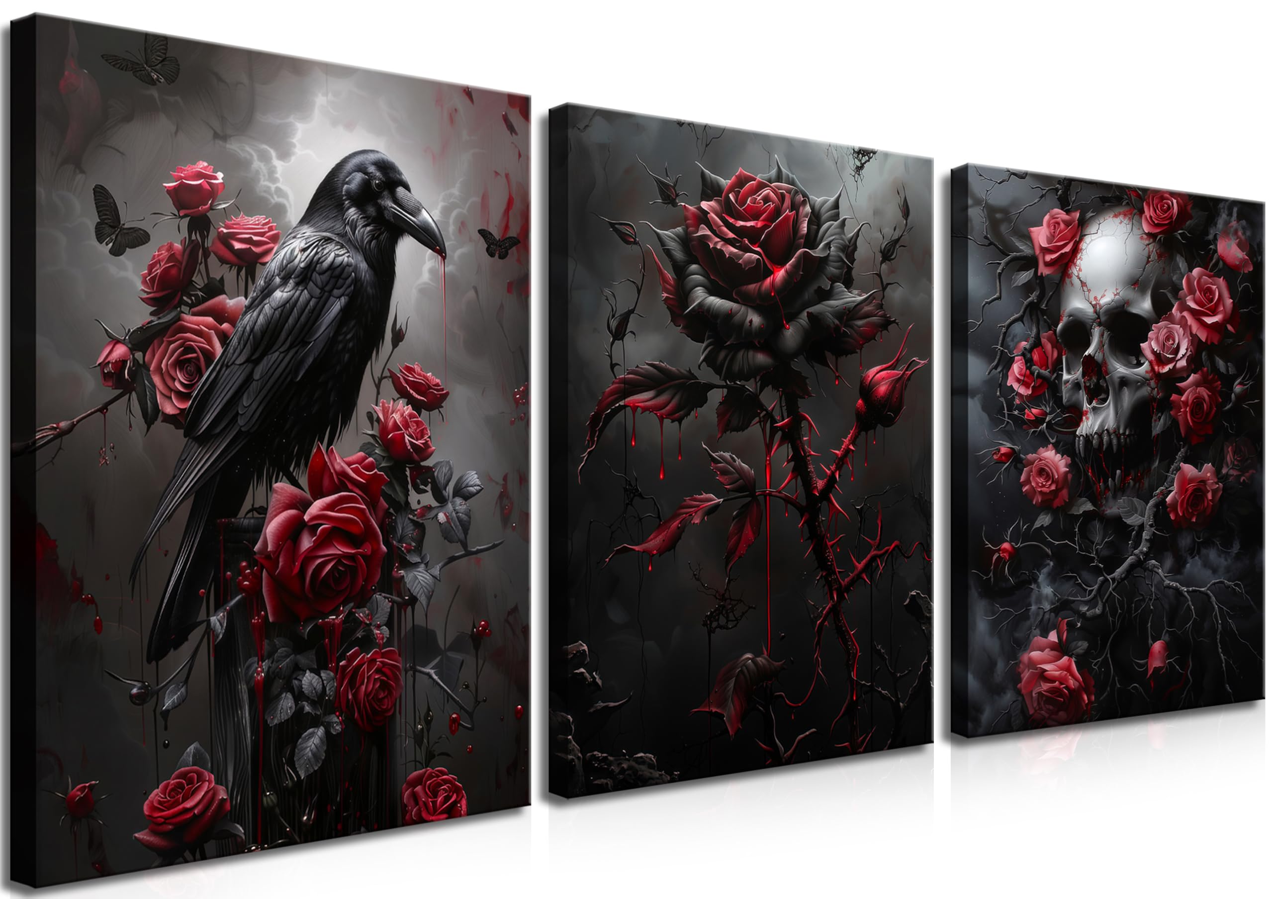 Gothic Canvas Wall Art Set of 3, Romantic Rose