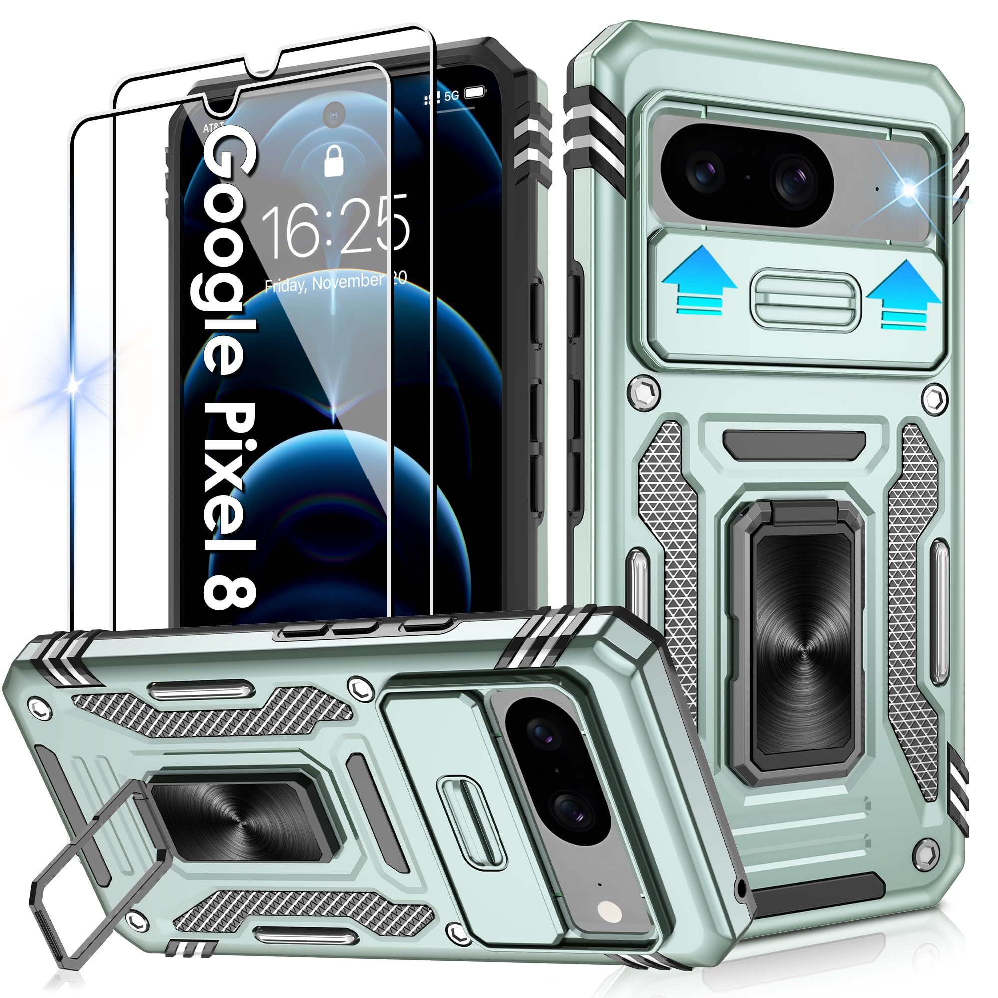 Jshru for Google Pixel 8 Case with Screen Protector [2 Pack] and Slide Camera Cover,Military Grade Shockproof,Armour Phone Cover with Ring Kickstand for Pixel 8,Alpine Green