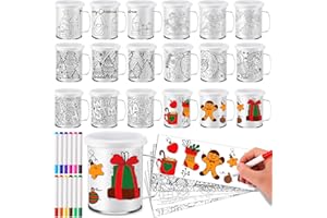 Umigy 16 Set Christmas Color Your Own Mugs for Kids 10 oz Party DIY Coffee Mug Craft for Kids with 12 Color Markers, Animated Design Paper and Blank Paper for Xmas Holiday Party Supply