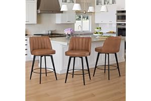 LUE BONA 360° Swivel Leather Bar Stools Set of 3, 26" Counter Height Barstools with Backs and Metal Legs, Modern Upholstered 