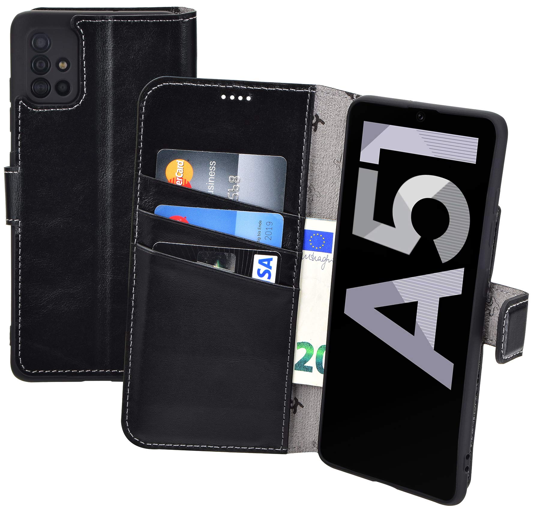 Suncase Book-Style Case compatible with Samsung Galaxy A51 Leather Case (Slim-Fit) Leather Case Cell Phone Case Protective Case with 3 Card Slots in Black