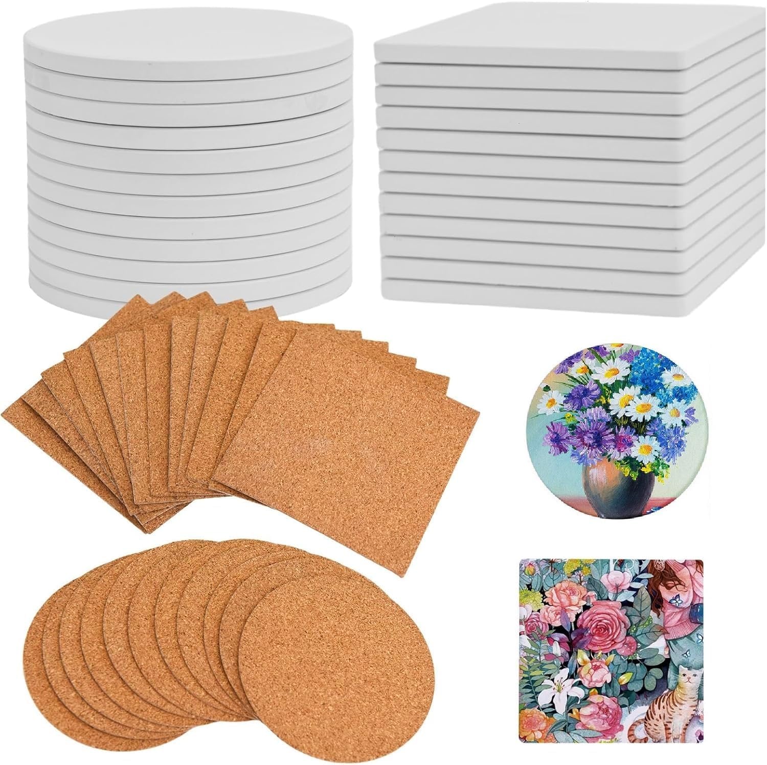 Ceramic Tile for Crafts Coasters, 24 Pack 10 cm Blank Coasters Unglazed White Tiles with 24 Pack Cork Backing Pads for Painting, Alcohol Ink, Acrylic Pouring, DIY, Mosaics(4 in, Square, Round)