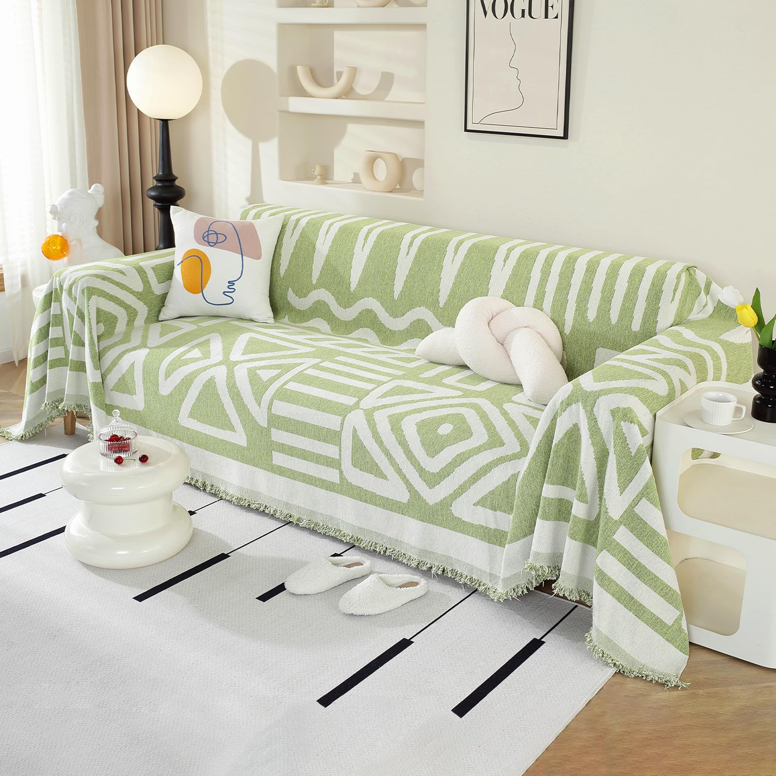 Royhom Boho Sofa Cover 2 Seater, Corner Sofa Covers L Shape, Washable Couch Cover with Tassel, Soft Couch Covers for Dogs, Breathable, All-season Universal (Green, 180x260cm)