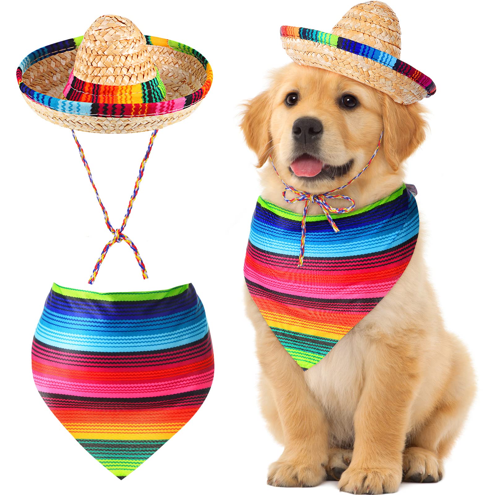Photo 1 of Saintrygo Dog Sombrero Hat Pet Halloween Costume Straw Mexican Hat and Dog Bandana Pet Triangle Bib for Mexican Cowboy Christmas Decorations