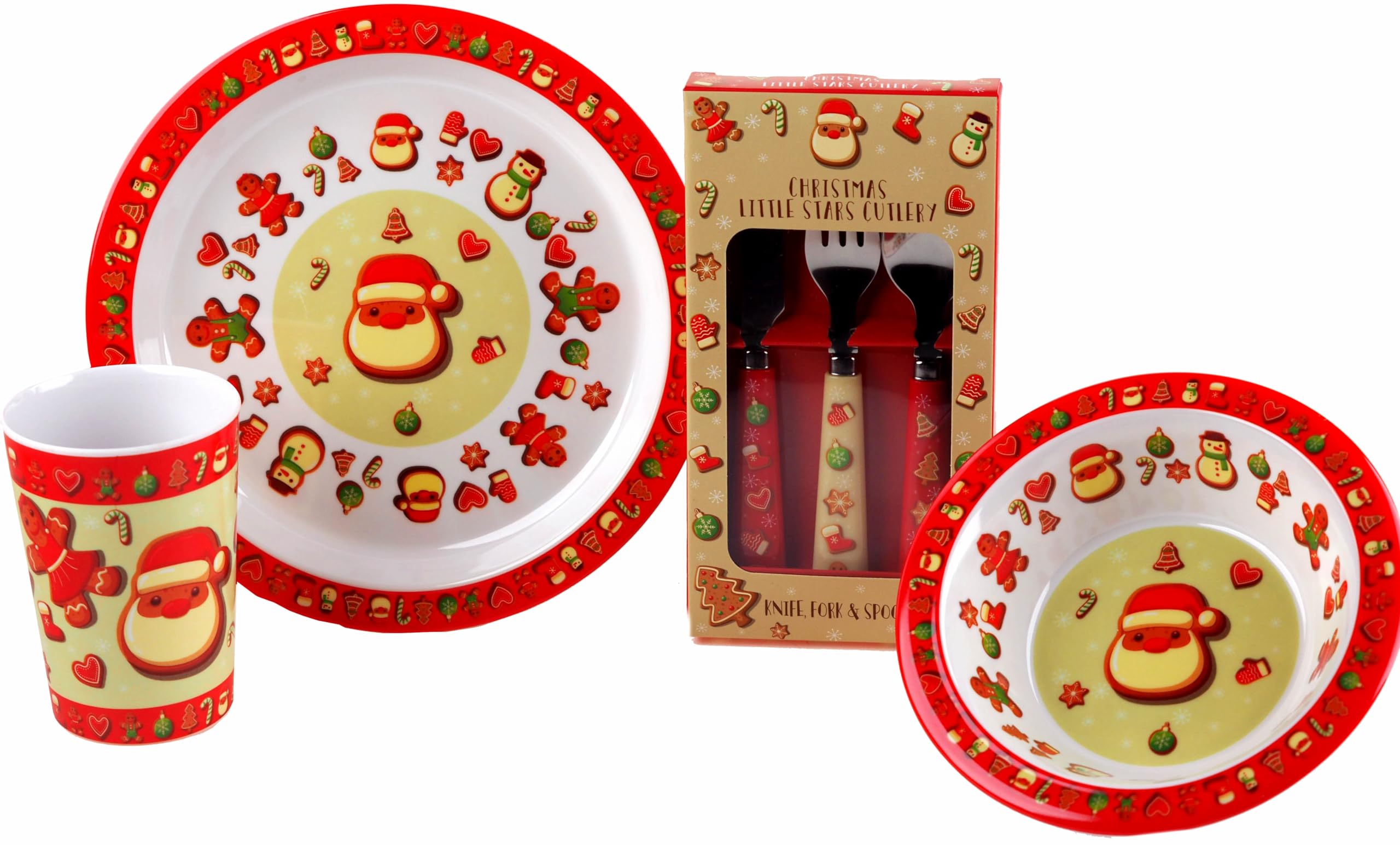 Christmas 4 Piece Melamine Kid's Dinner Set - Plate Bowl Cup Metal Cutlery