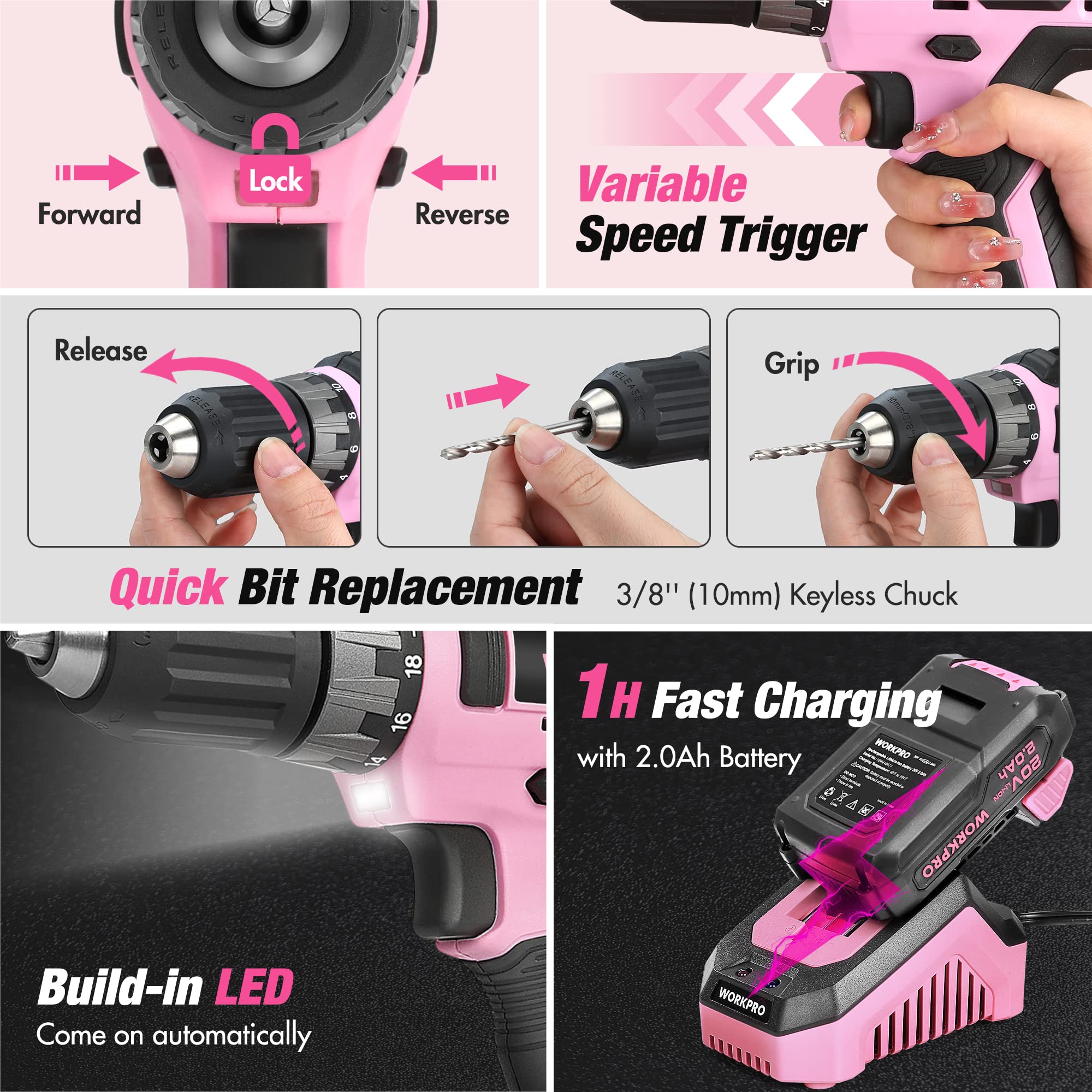 WORKPRO Pink Household Tool Kit with Drill, 157PCS Tool Set with 20V Cordless Lithium-ion Drill Driver, Home Tool Kit for All Purpose, Power Drill Sets with Pink Tool Bag - Pink Ribbon