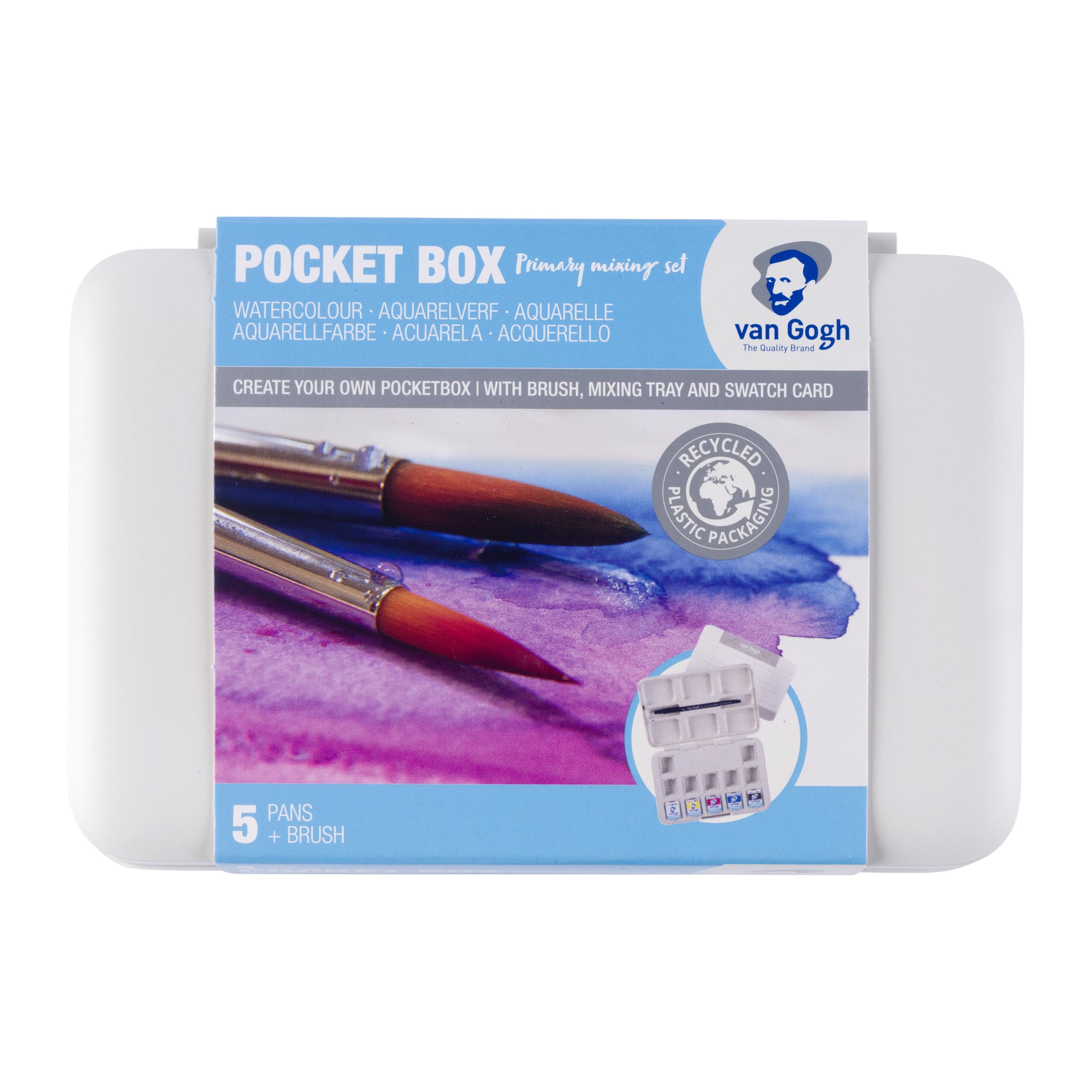 Van Gogh Watercolour Pocket Box Set, 5 Half Pans, Primary Colours Brush & Mixing Tray, High Pigmentation, Great for Artists